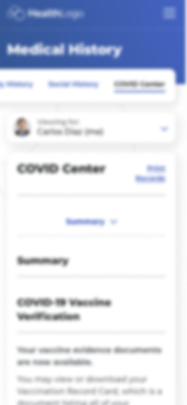 COVID Center responsive test history view