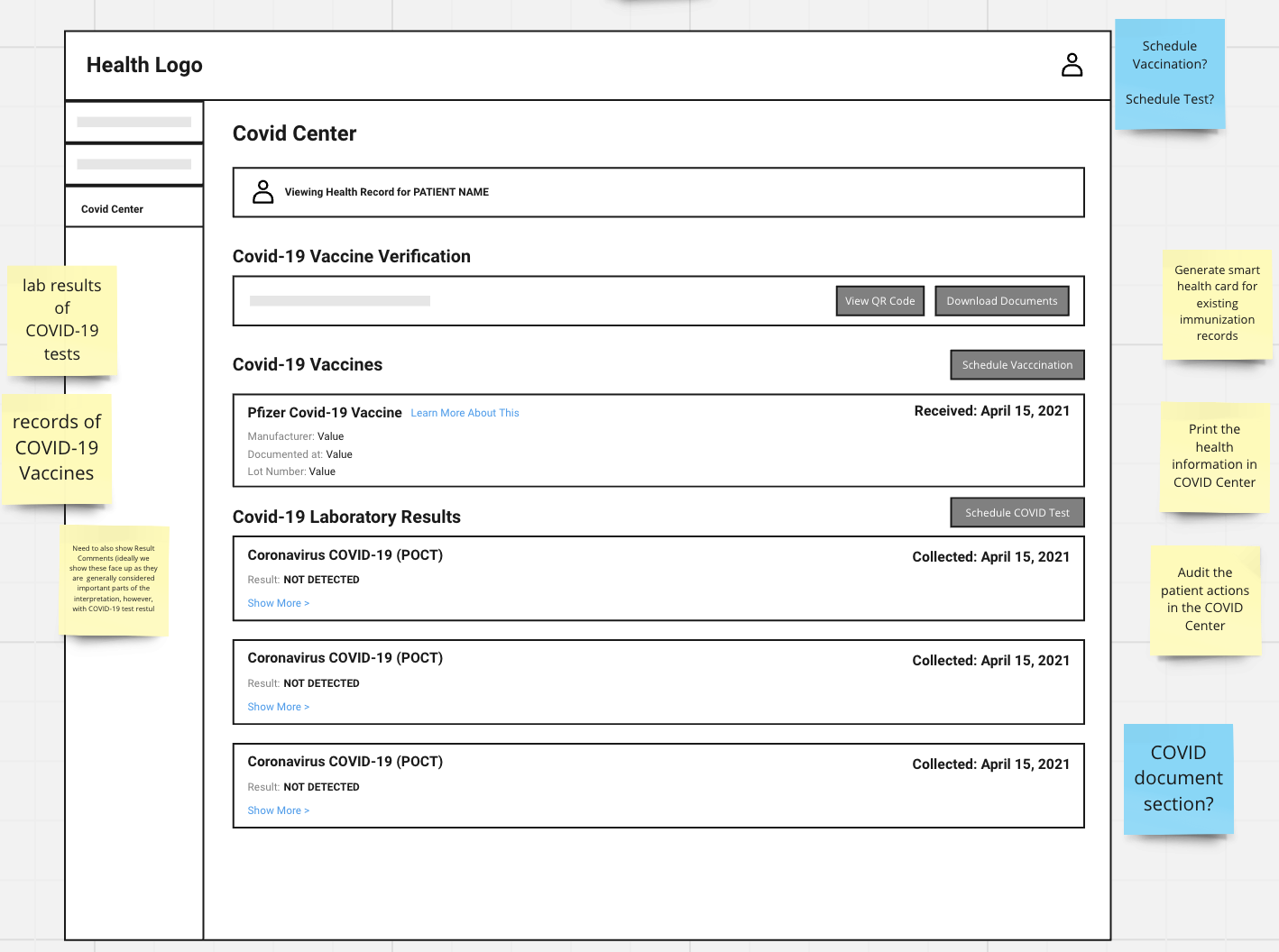 Early wireframe of the COVID Center dashboard